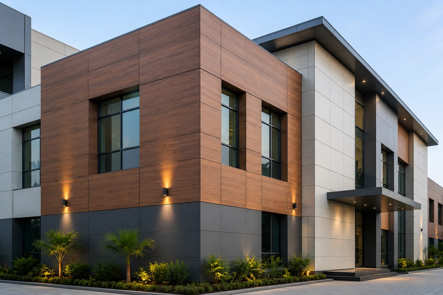 Modern commercial building with landscaped facade