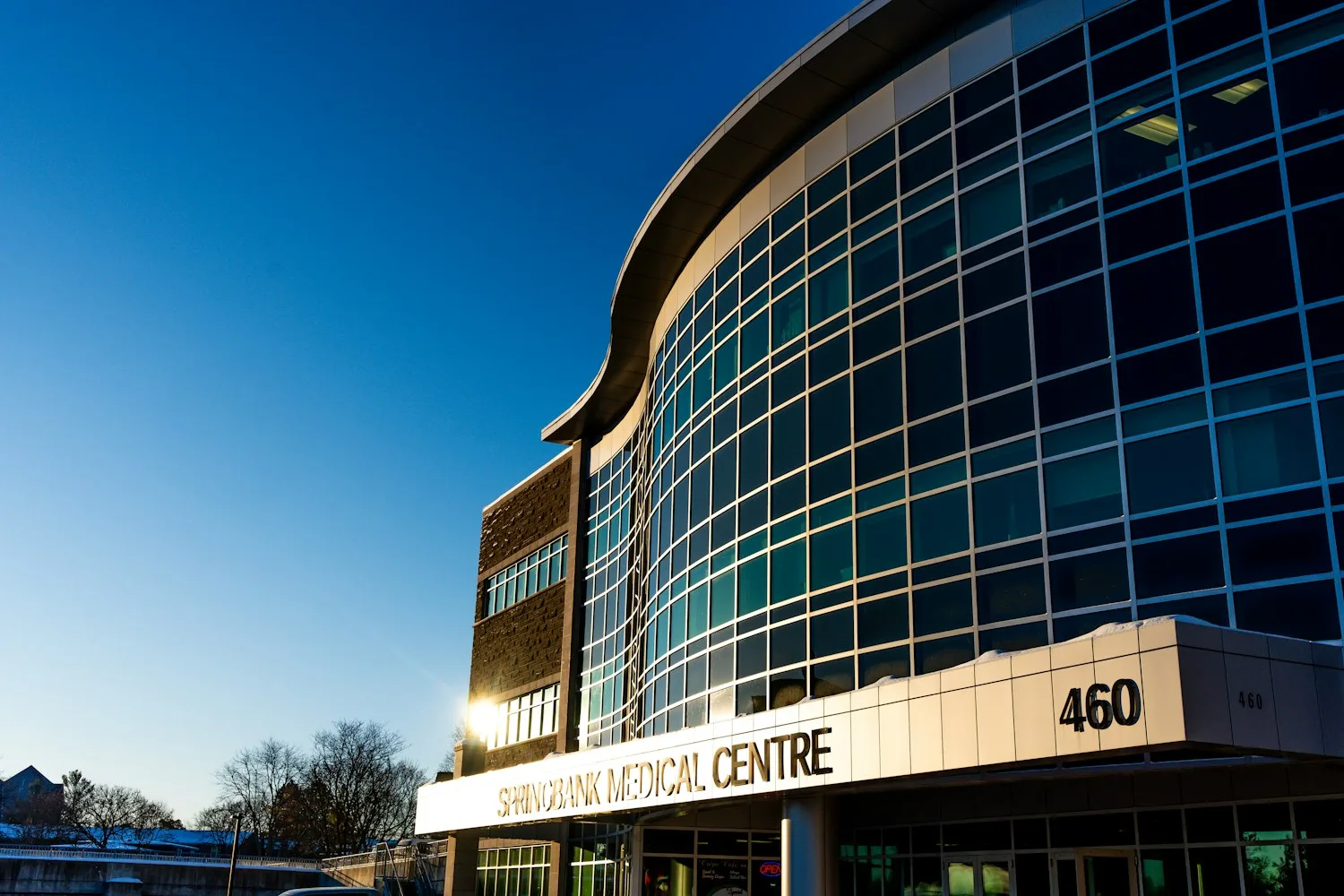 Modern healthcare building with a glass facade